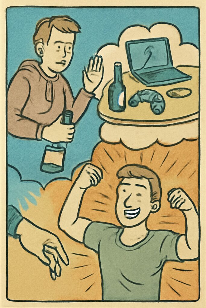 Eine Karikatur zeigt eine Person, die zögert, auf einer Party Alkohol zu trinken, während sie auf einen Tisch mit Bier, einem Laptop und Snacks blickt; darunter spannt dieselbe Person fröhlich und selbstbewusst ihre Arme an.