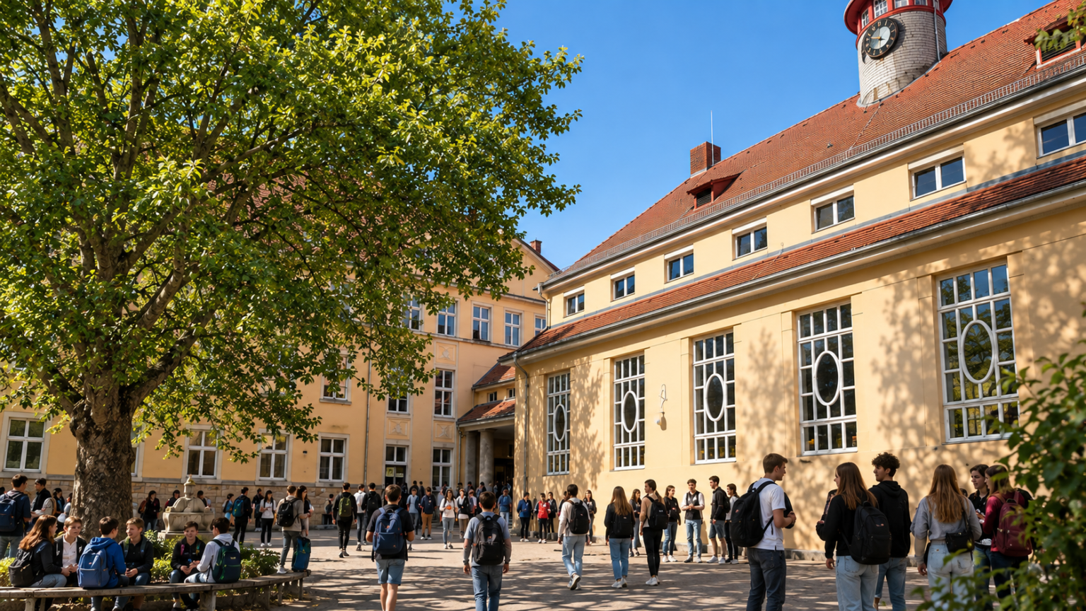 An einem sonnigen Tag versammeln sich Schüler vor einem großen, gelben Schulgebäude mit hohen Fenstern und einem Uhrturm und gehen daran vorbei, im Vordergrund steht ein grüner Baum.
