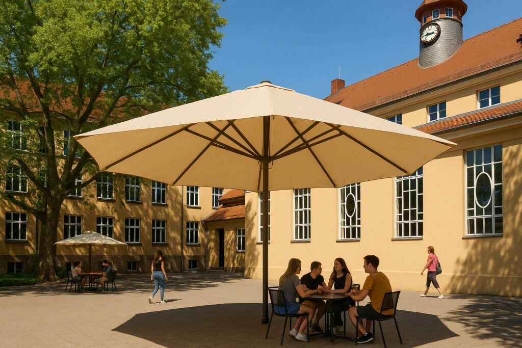 Mehrere Personen sitzen und unterhalten sich unter einem großen Sonnenschirm in einem sonnigen Innenhof, der von gelben Gebäuden mit großen Fenstern und einem Uhrenturm umgeben ist. Andere Leute gehen spazieren oder sitzen an Tischen in der Nähe unter einem anderen Schirm.