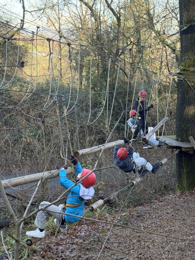 Vier Kinder, die rote Helme und Sicherheitsgurte tragen, bewegen sich in einem Hochseilgarten im Freien, balancieren auf Holzbalken und halten sich an Seilen fest, während im Hintergrund Bäume und Laub zu sehen sind.