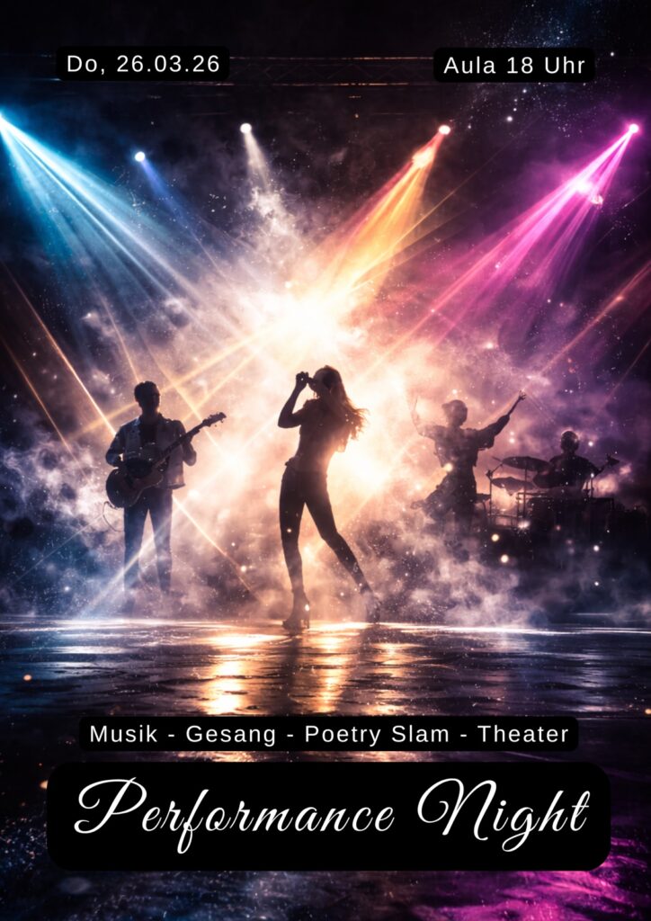 Eine Band tritt auf der Bühne unter bunten Scheinwerfern auf, in der Mitte steht ein Sänger. Der Text lautet: Do, 26.03.26, Aula 18 Uhr, und Musik - Gesang - Poetry Slam - Theater, Performance Night.
