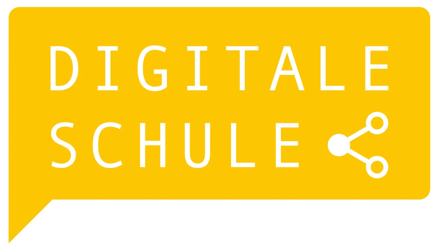 Gelbe Sprechblase mit dem weißen Text DIGITALE SCHULE und einem Netzwerksymbol.
